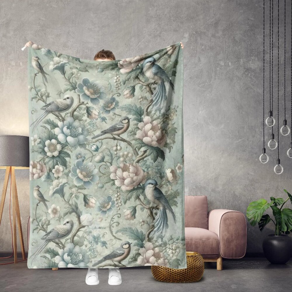 Asian Inspired Throw Blanket, Vintage Floral Soft Fleece, Chinoiserie, NWOT